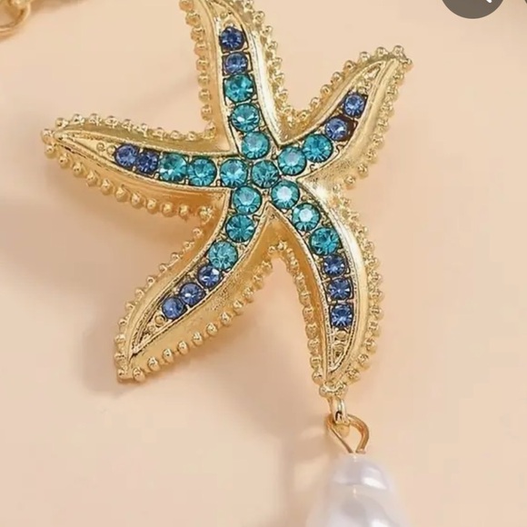 NEW! Pearl Pendant Blue Rhinestone Starfish Summer Beach Earrings - Picture 3 of 5